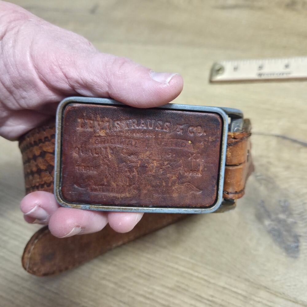 Vtg 70s 80s Levis Brown Stamped Leather Patch Logo Belt Buckle Well Worn L